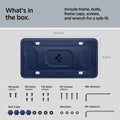 ACP12021 -  License Plate Frame | LP100 in Blue showing the what's in the box, includes frame, bolt, caps, screws and wrench for a safe fit, with 6.8inx12.63in