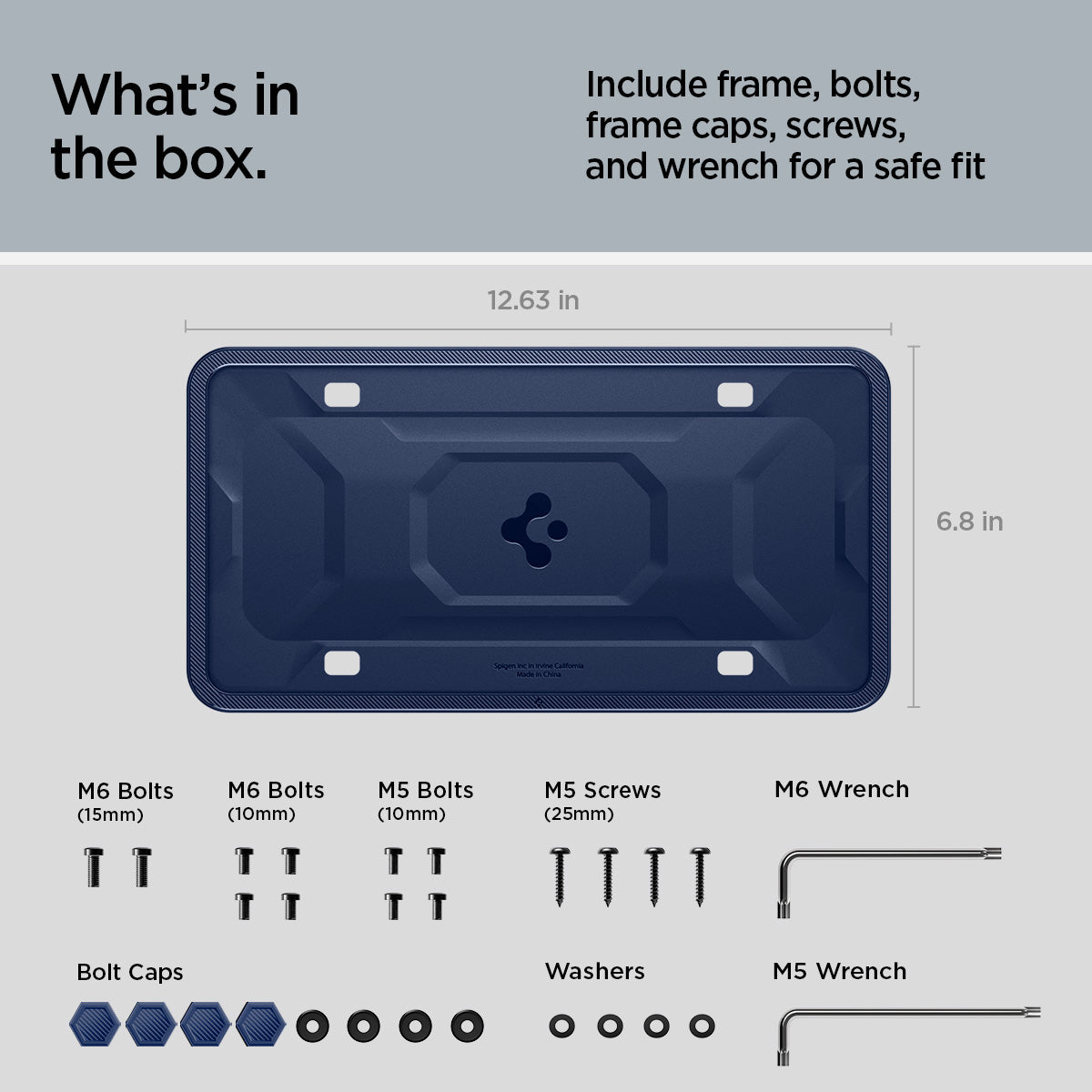 ACP12021 -  License Plate Frame | LP100 in Blue showing the what's in the box, includes frame, bolt, caps, screws and wrench for a safe fit, with 6.8inx12.63in