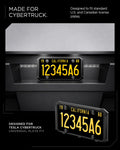 ACP11646 - Tesla Cybertruck License Plate Frame | LP110 Black Cybertruck universal license plate frame shown on a dark studio background, with two views of a California license plate mounted inside the frame. White text at the top and bottom reads 'MADE FOR CYBERTRUCK' and 'DESIGNED FOR TESLA CYBERTRUCK UNIVERSAL PLATE FIT.