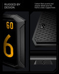 ACP11646 - Tesla Cybertruck License Plate Frame | LP110 A close-up promotional view of a rugged black device or panel with large yellow numerals '60' and '6', shown in two detail panels with marketing text about carbon fiber accents and a rugged finish.