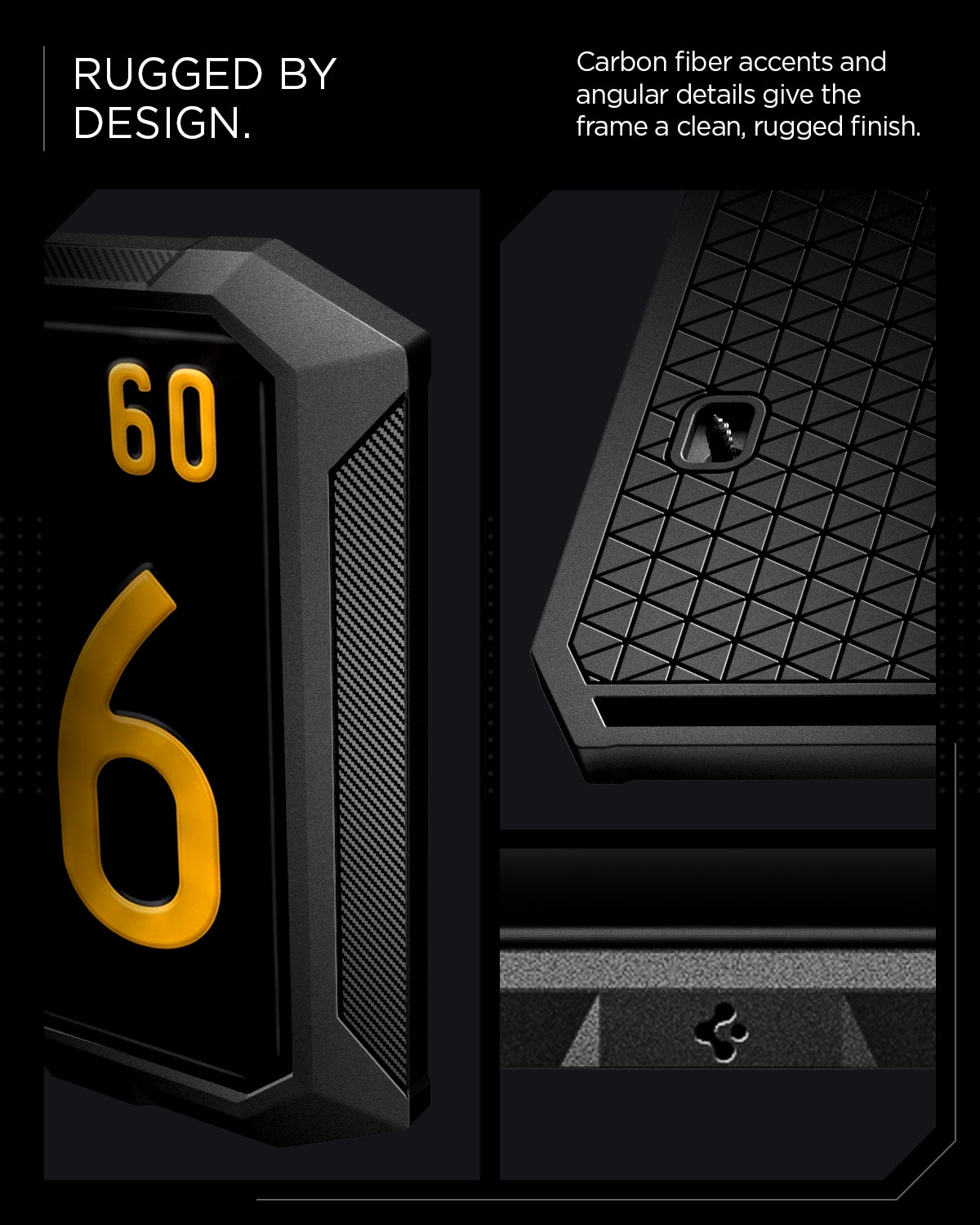 ACP11646 - Tesla Cybertruck License Plate Frame | LP110 A close-up promotional view of a rugged black device or panel with large yellow numerals '60' and '6', shown in two detail panels with marketing text about carbon fiber accents and a rugged finish.