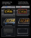 ACP11646 - Tesla Cybertruck License Plate Frame | LP110 A promotional infographic for a license plate frame kit, showing six comparison panels with a 'Spigen' product on the left and generic 'Others' products on the right. The text highlights features such as flexible TPU protection, built-in drainage, and an all-in-one kit.