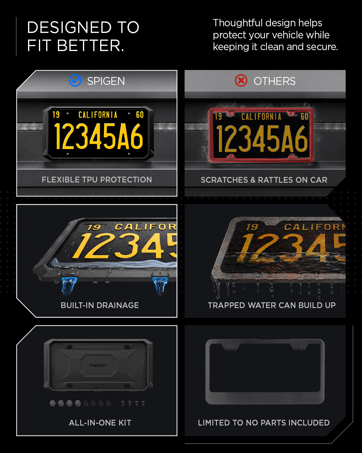 ACP11646 - Tesla Cybertruck License Plate Frame | LP110 A promotional infographic for a license plate frame kit, showing six comparison panels with a 'Spigen' product on the left and generic 'Others' products on the right. The text highlights features such as flexible TPU protection, built-in drainage, and an all-in-one kit.