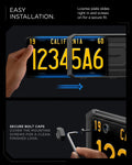 ACP11646 - Tesla Cybertruck License Plate Frame | LP110 Instructional graphic showing license plate mounting hardware. A hand holds a black license plate cover over a California plate, with text reading 'EASY INSTALLATION.