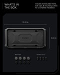 ACP11646 - Tesla Cybertruck License Plate Frame | LP110 Box contents infographic for an Spigen license plate frame on a dark background, showing the frame, bolt caps, screws, and text listing included accessories and dimensions.