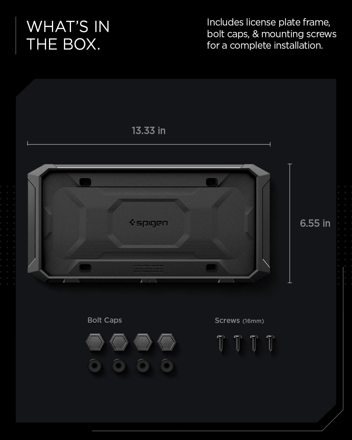 ACP11646 - Tesla Cybertruck License Plate Frame | LP110 Box contents infographic for an Spigen license plate frame on a dark background, showing the frame, bolt caps, screws, and text listing included accessories and dimensions.