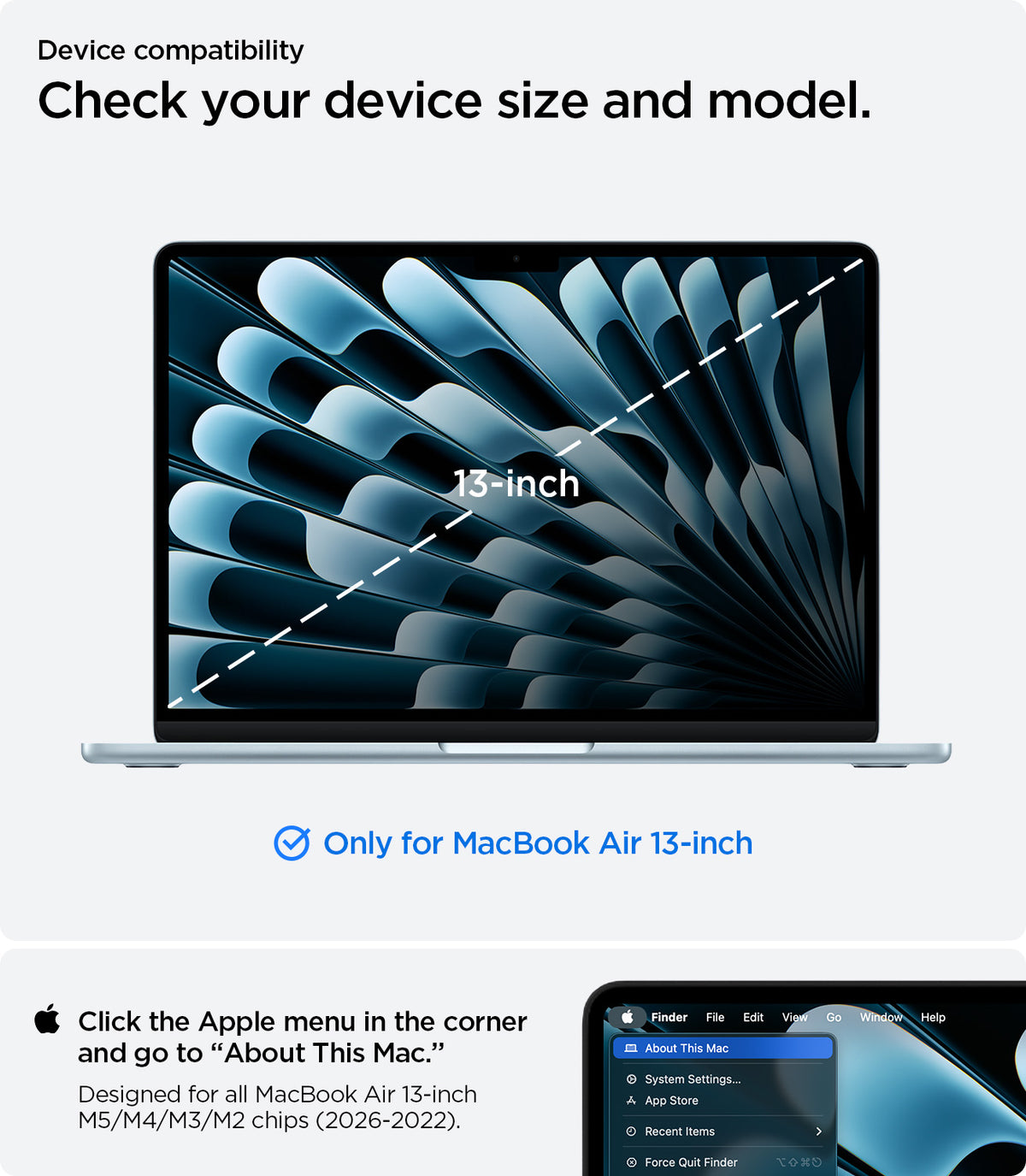 ACS11268 - MacBook Air 13-inch Nano Pop Blueberry Navy showing device compatibility and size guidance for a precise fit