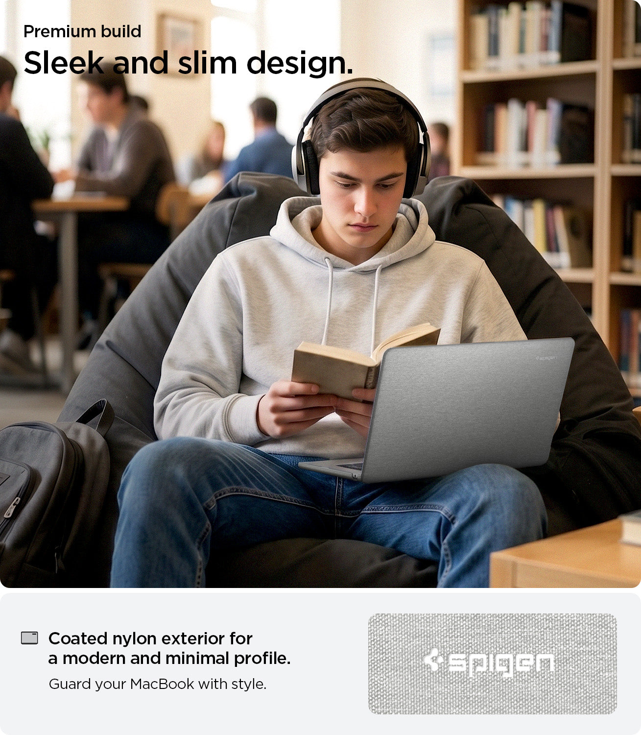 ACS10974 - MacBook Air 13-inch in Heather Gray showing lifestyle shot of sleek and slim design; highlights coated nylon exterior for a modern and minimal profile