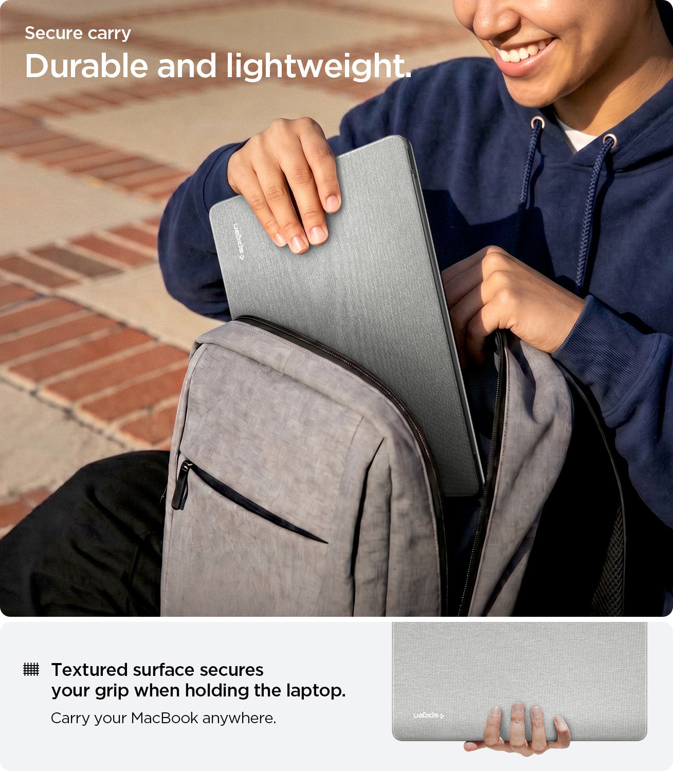 ACS10974 - MacBook Air 13-inch in Heather Gray showing lifestyle shot of inserting MacBook into backpack; 
