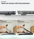 ACS10975 - MacBook Air 15-inch in Heather Gray showing side profile comparison between Spigen minimal bulk versus other brands added bulk; highlights full protection with slim design