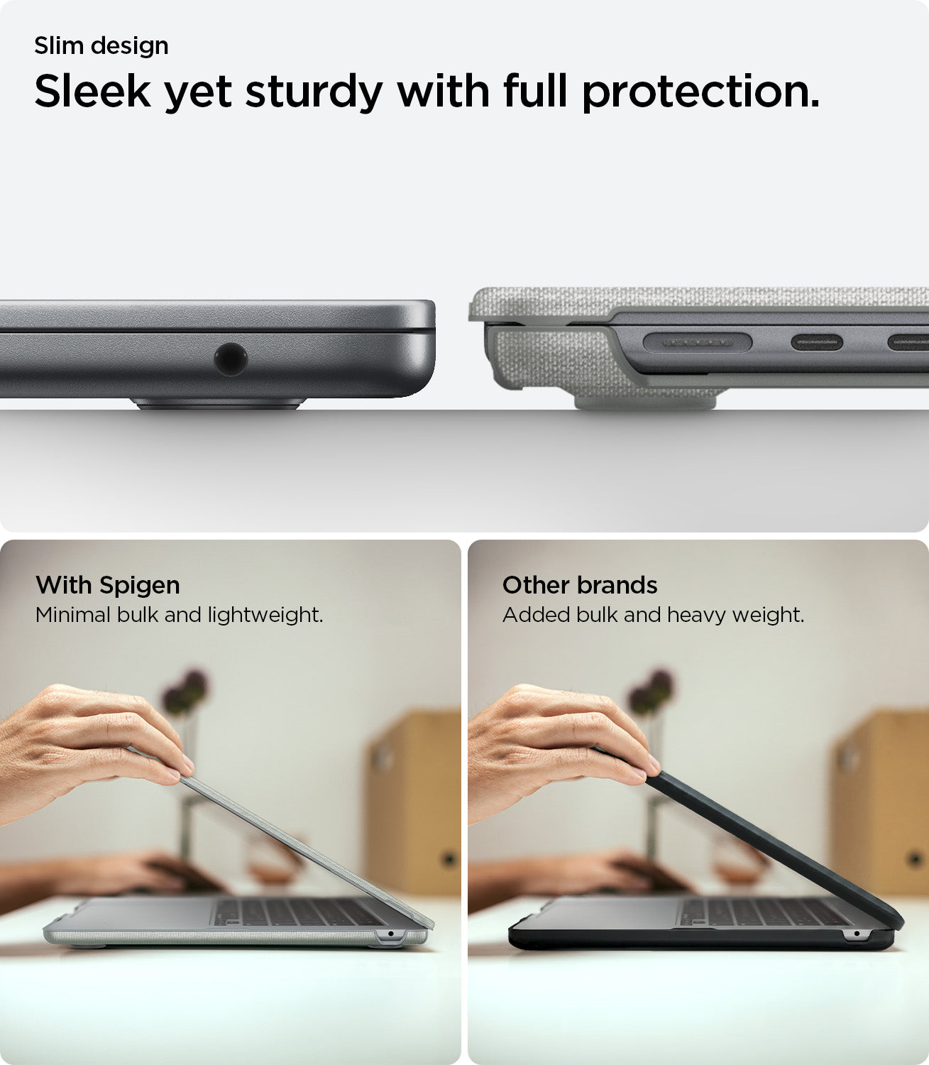 ACS10974 - MacBook Air 13-inch in Heather Gray showing side profile comparison between Spigen minimal bulk versus other brands added bulk; highlights full protection with slim design