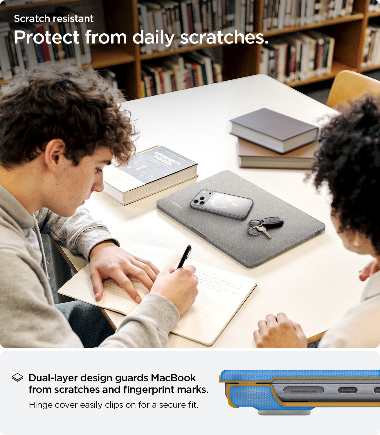 ACS10974 - MacBook Air 13-inch in Heather Gray showing lifestyle shot of MacBook closed on desk with keys and phone on top; highlights dual-layer scratch and fingerprint protection