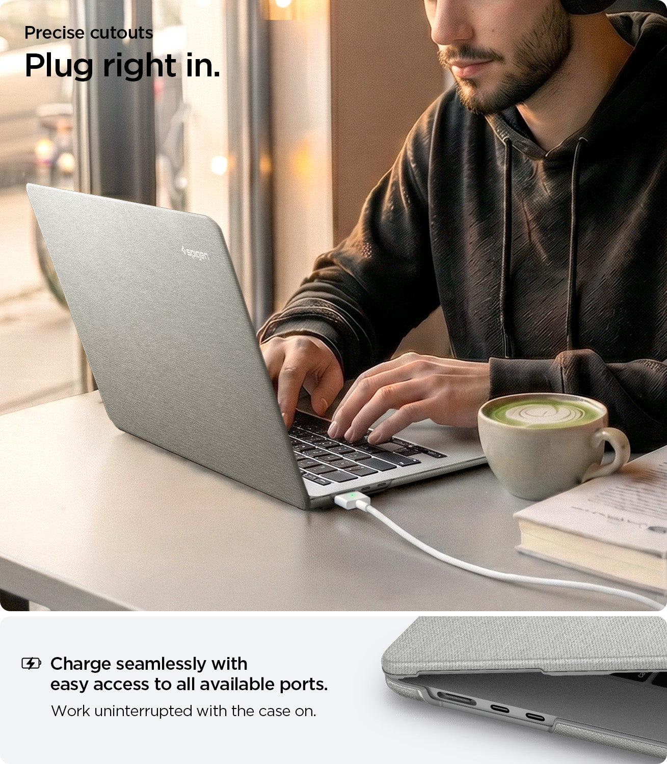 ACS10975 - MacBook Air 15-inch in Heather Gray showing lifestyle shot of working at cafe with charger plugged in; highlights precise cutouts for easy access to all ports