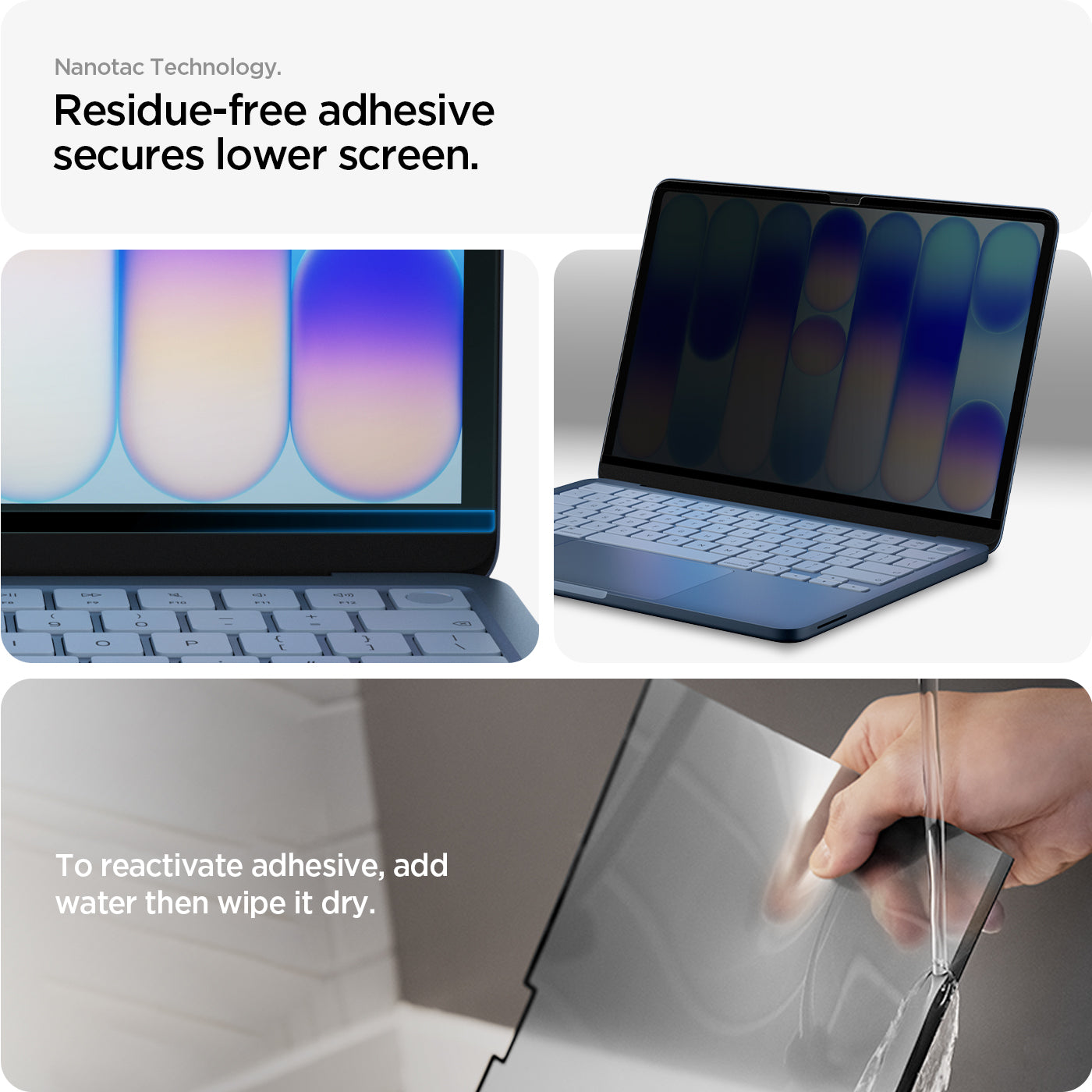 AFL11670 - MacBook Neo Series - Safe View in Privacy showing residue-free adhesive secures lower screen