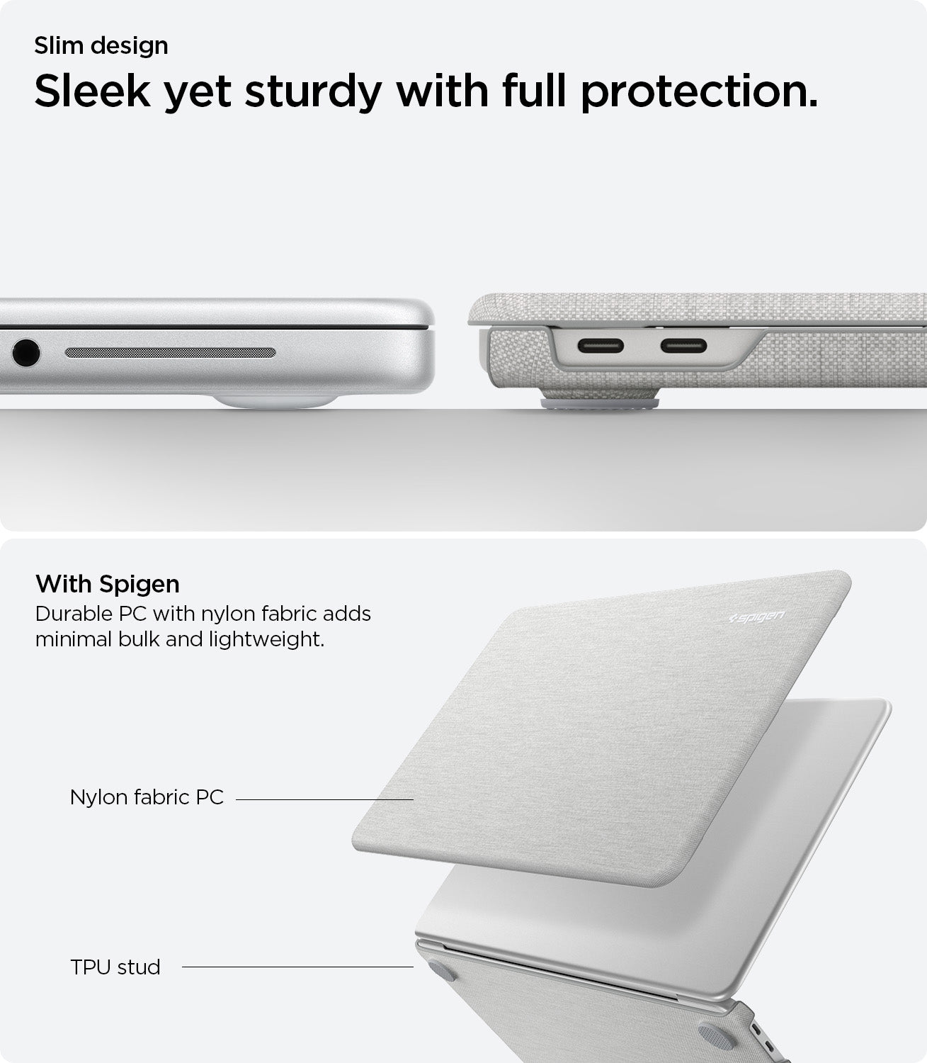 ACS11542 - MacBook Neo 13-inch Urban Fit in Heather Gray showing a slim laptop case with nylon fabric construction and TPU studs for protection and stability