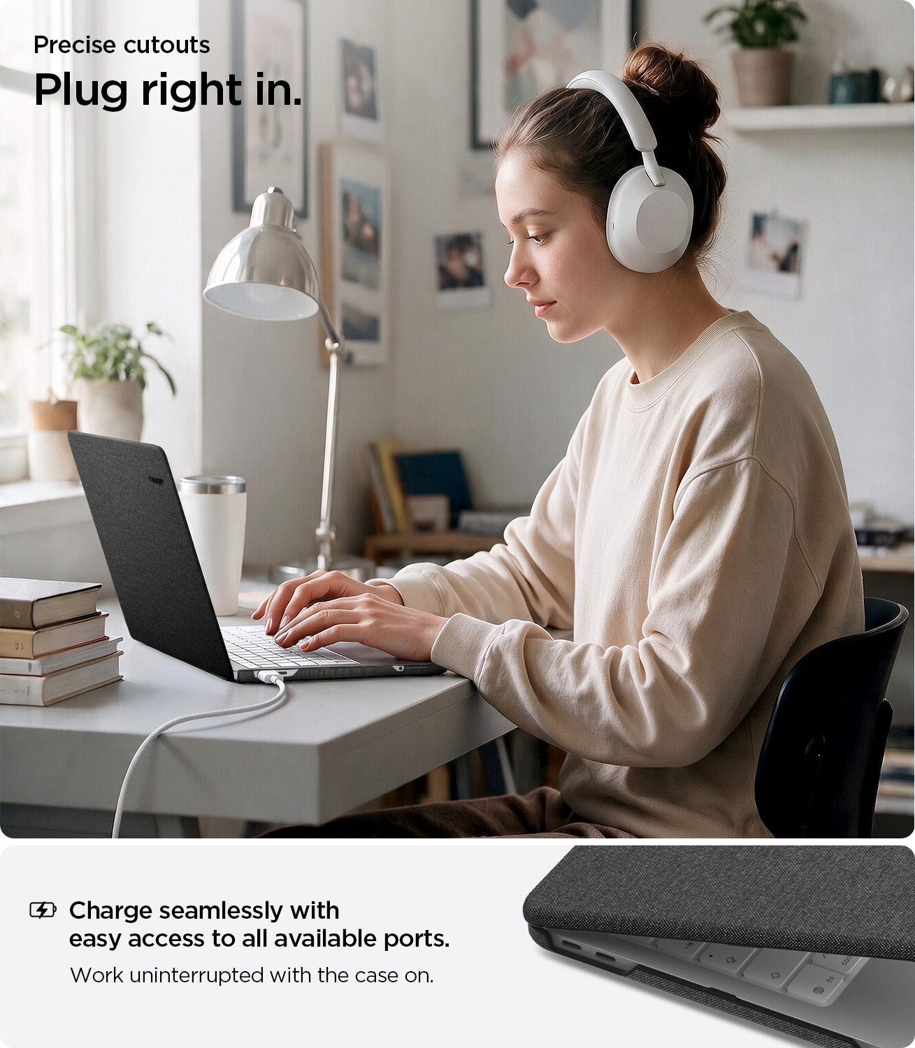 ACS11541 - MacBook Neo 13-inch Urban Fit in Black showing precise cutouts for easy access to charging ports while keeping the laptop case on