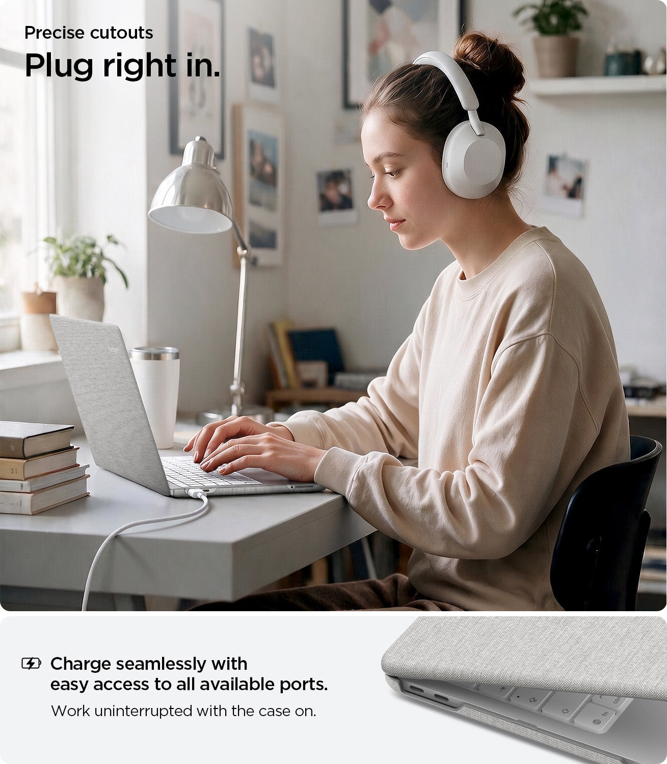 ACS11542 - MacBook Neo 13-inch Urban Fit in Heather Gray showing precise cutouts for easy access to charging ports while keeping the laptop case on