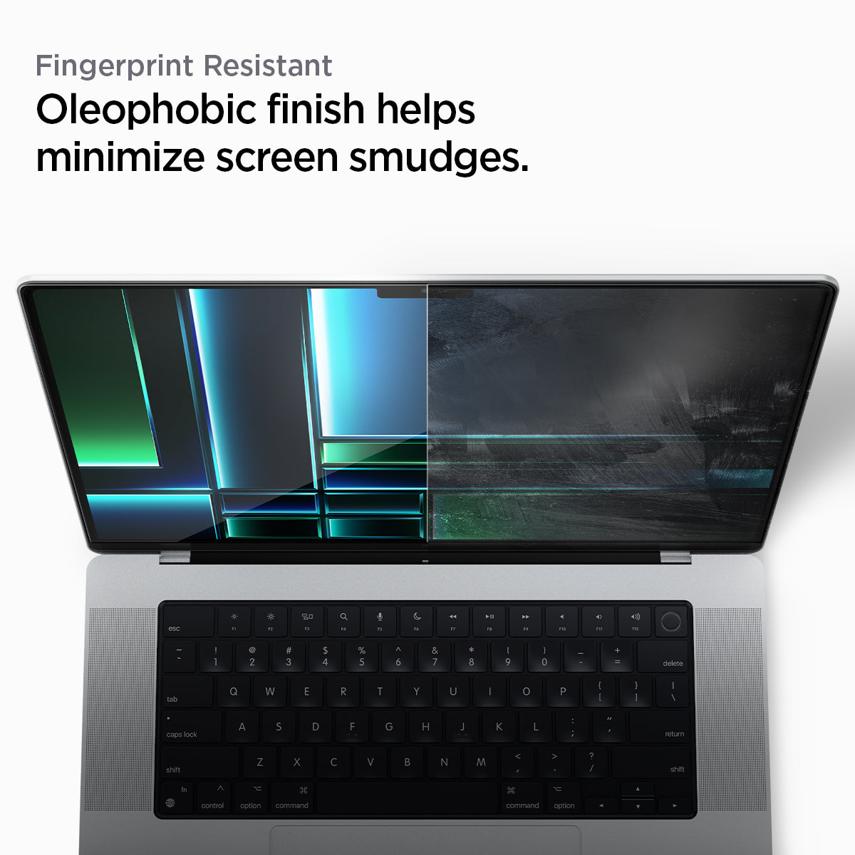 AGL04234 - MacBook Pro 14-inch (2023) GLAS.tR SLIM in Clear showing the fingerprint resistant. Oleophobic finish helps minimize screen smudges