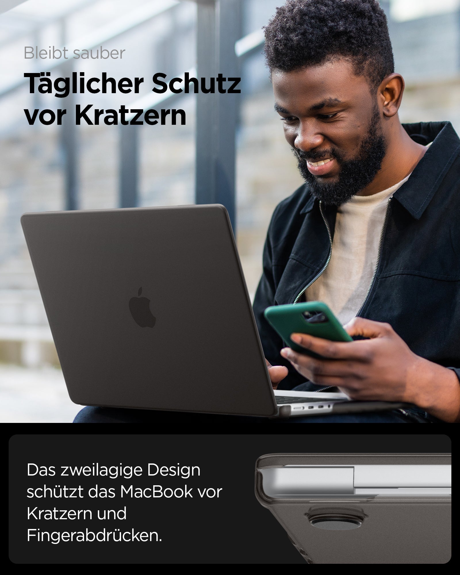 ACS11527 - MacBook Pro 16-inch Air Skin in Frost Black showing keep it clean, daily scratch protection