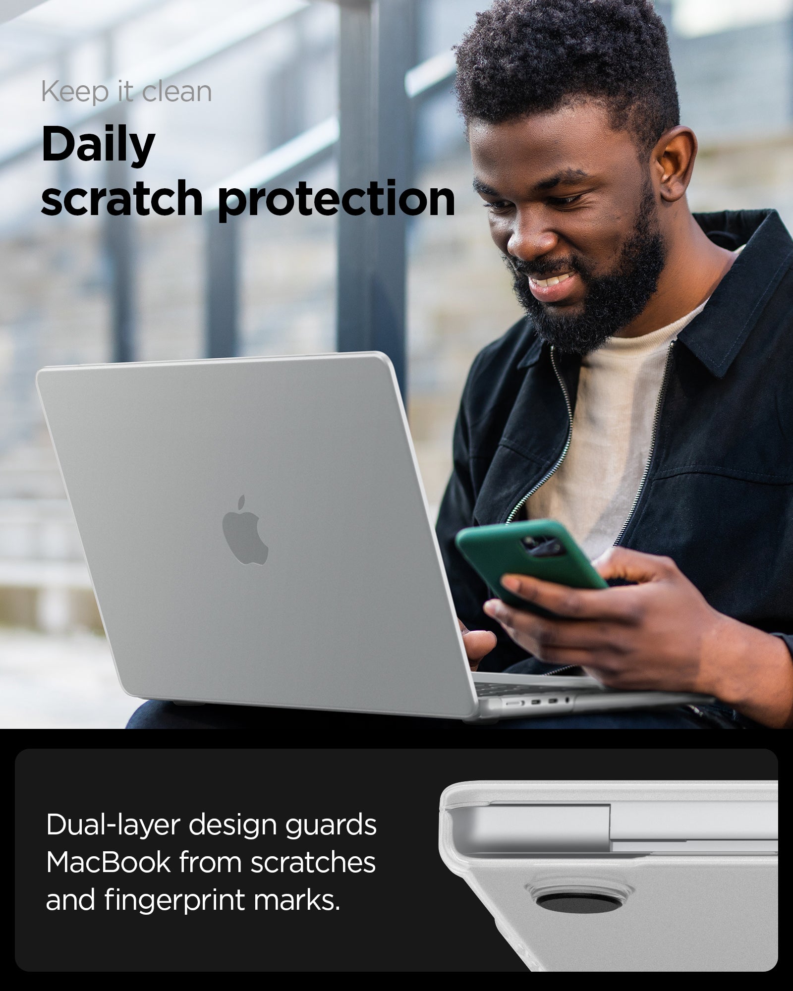 ACS11526 - MacBook Pro 16-inch Air Skin in Frost Clear showing keep it clean, daily scratch protection