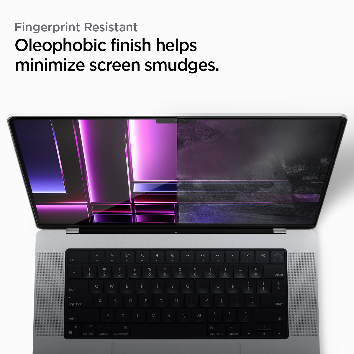 AGL04233 - MacBook Pro 16-inch (2023) GLAS.tR SLIM in Clear showing the fingerprint resistant. Oleophobic finish helps minimize screen smudges