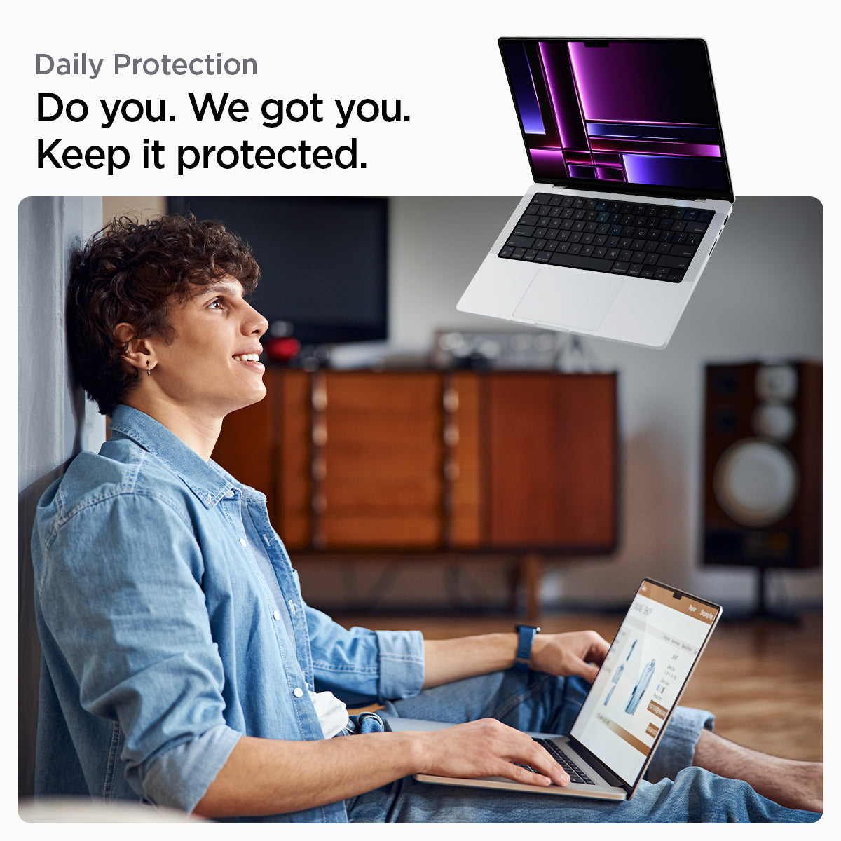 AGL04233 - MacBook Pro 16-inch (2023) GLAS.tR SLIM in Clear showing the daily protection. Keeping your device protected