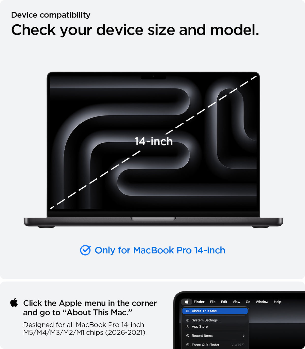 ACS11271 - MacBook Pro 14-inch Nano Pop Blueberry Navy showing device compatibility and size guidance for a precise fit