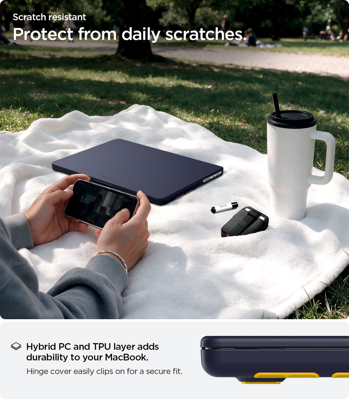 ACS11271 - MacBook Pro 14-inch Nano Pop Blueberry Navy showing hybrid PC and TPU construction for daily scratch protection