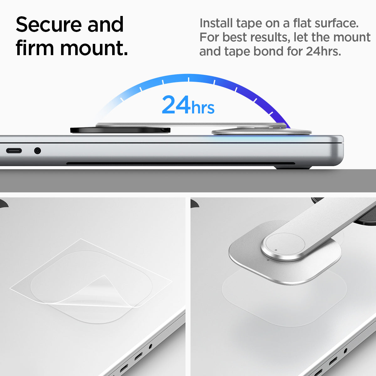 AMP06049 - S312 OneTap Monitor / Laptop Mount (MagFit) in black showing the secure and firm mount. Install tape on a flat surface. For best results, let the mount and tape bond for 24hrs