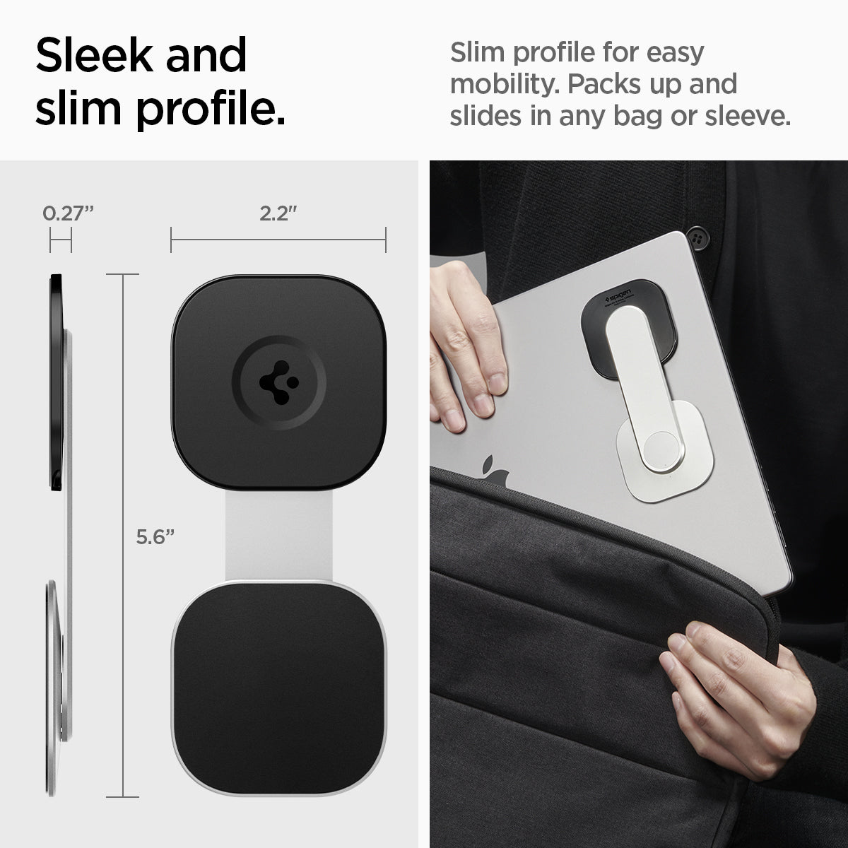 AMP06049 - S312 OneTap Monitor / Laptop Mount (MagFit) in black showing the sleek and slim profile. Slim profile for easy mobility. Packs up and slides in any bag or sleeve. sizes: 2.2"x5.6"x0.27"