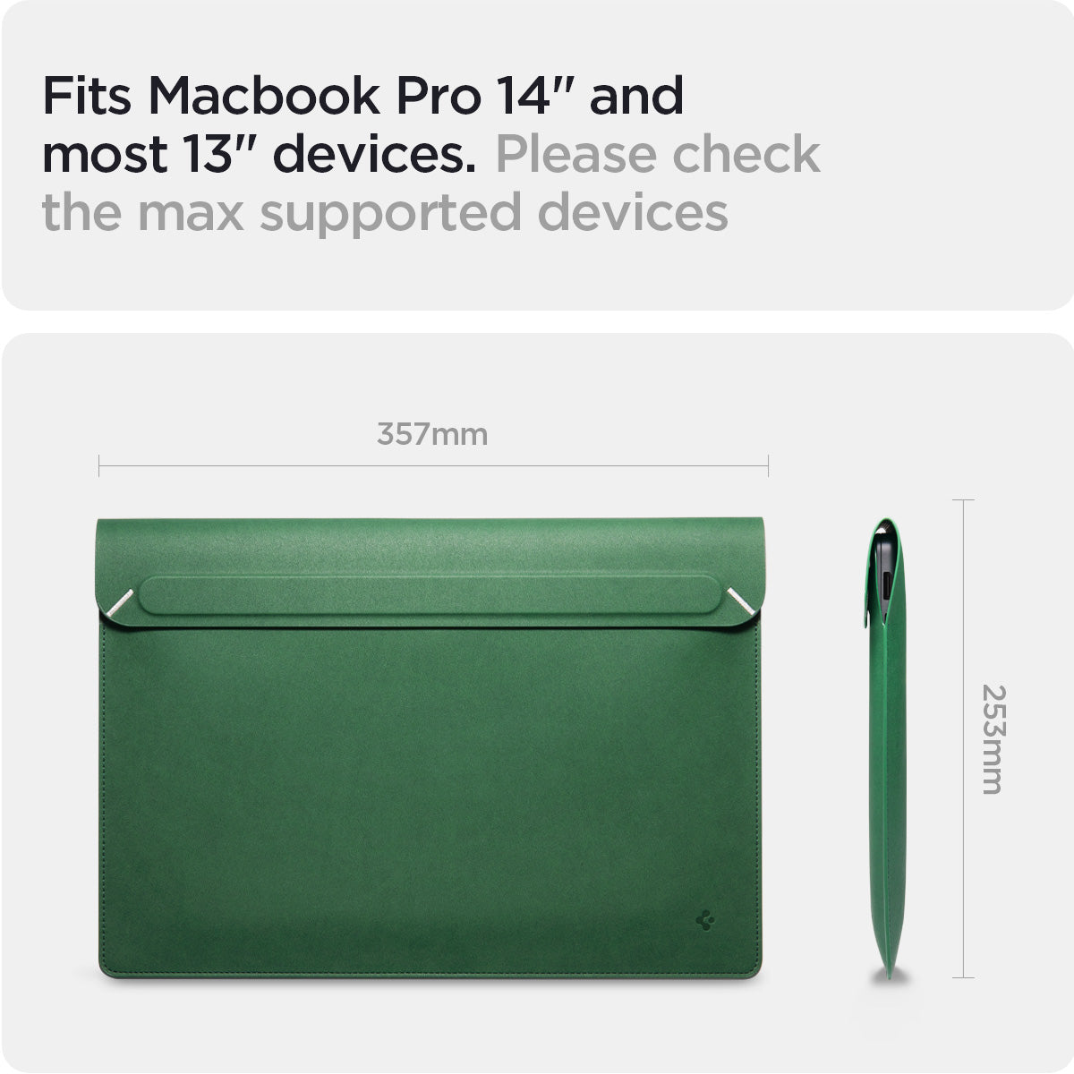 AFA06417 - MacBook Pro 14-inch Valentinus Laptop Pouch in JeJu Green displaying dimensions and compatibility with MacBook Pro 14 inch and most 13 inch laptops