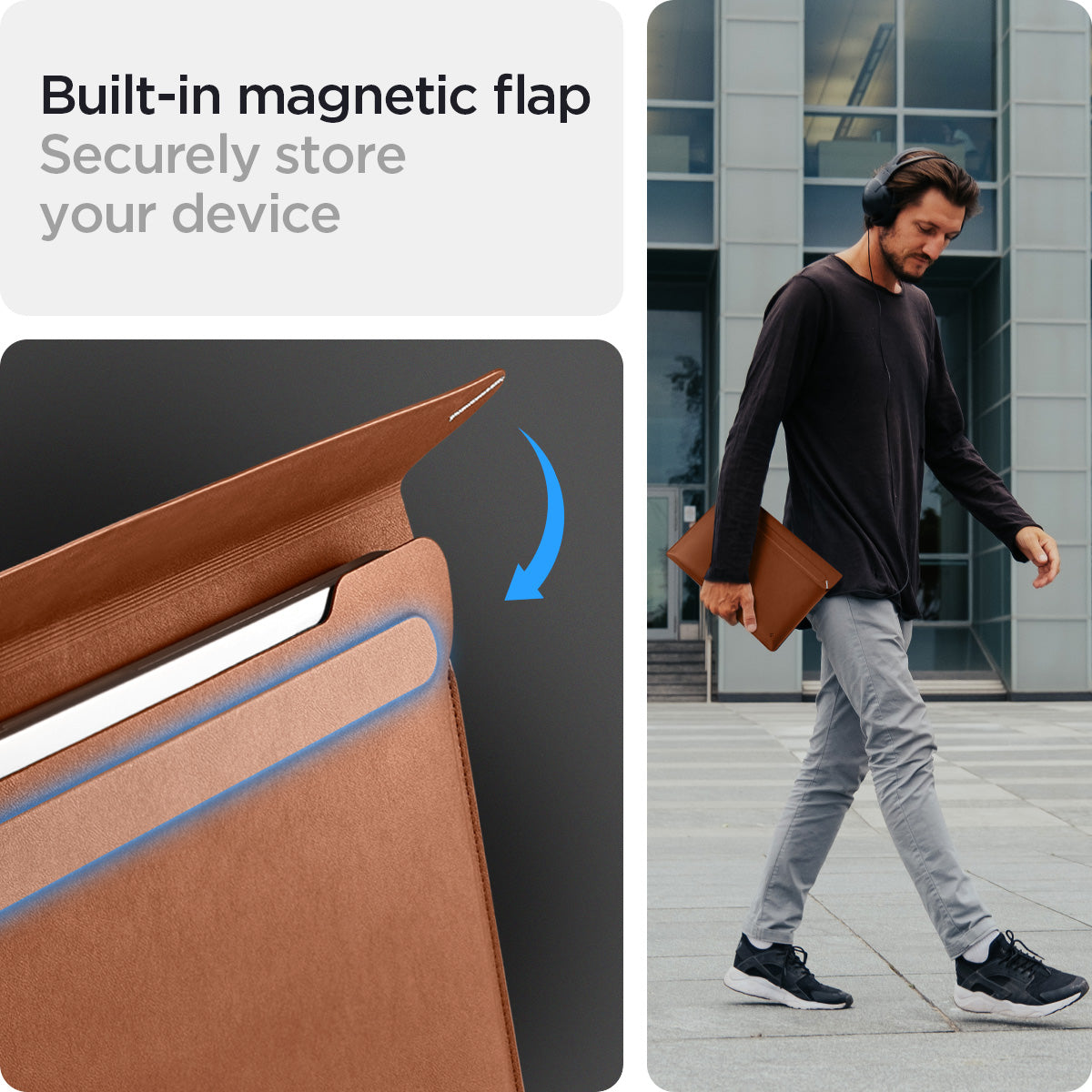 AFA06416 - Spigen Valentinus MacBook Sleeve featuring built in magnetic flap closure and lifestyle carry in urban setting