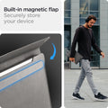 AFA06418 - Spigen Valentinus MacBook Sleeve featuring built in magnetic flap closure and lifestyle carry in urban setting