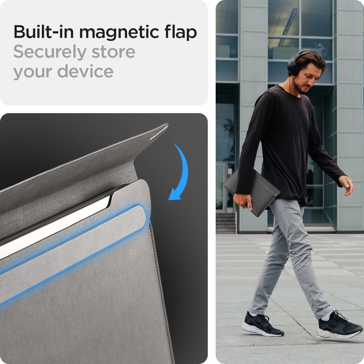 AFA06418 - Spigen Valentinus MacBook Sleeve featuring built in magnetic flap closure and lifestyle carry in urban setting