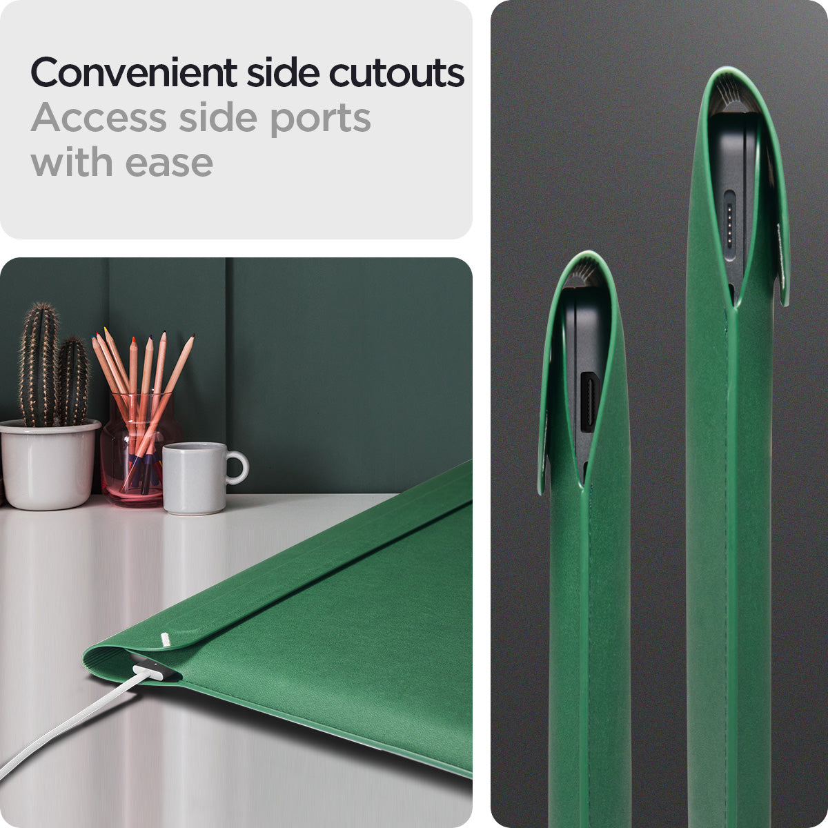 AFA06423 - MacBook Pro 14-inch Valentinus S Laptop Pouch in Jeju Green side cutout design allowing easy access to laptop charging and ports