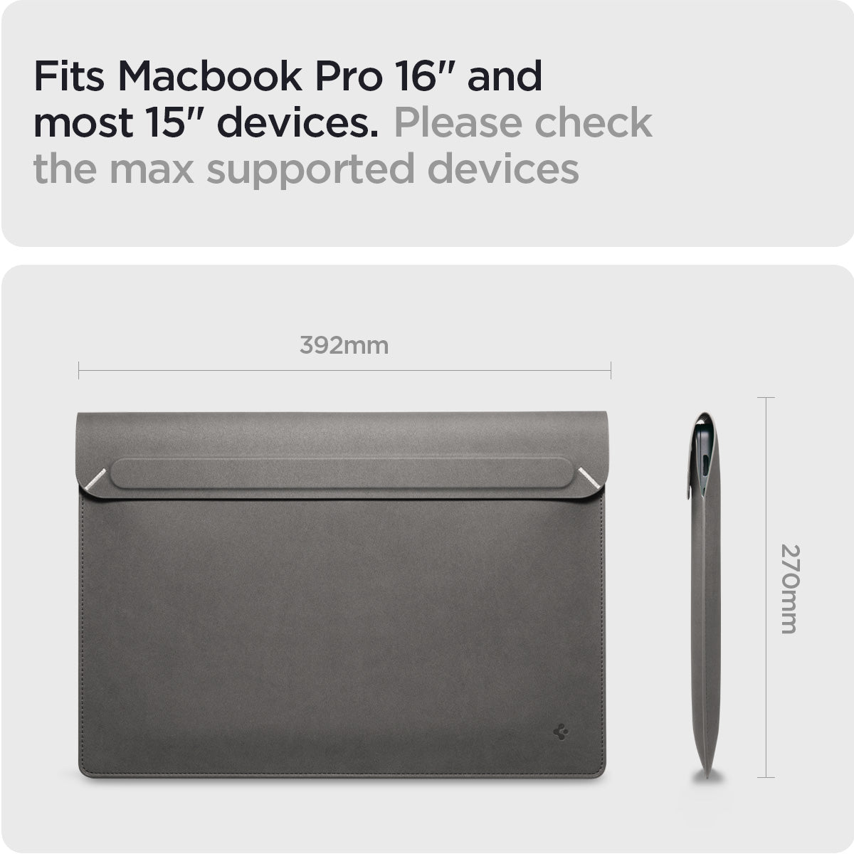 AFA06418 - Spigen Valentinus MacBook Sleeve displaying dimensions and compatibility with MacBook Pro 16 inch and most 15 inch laptops