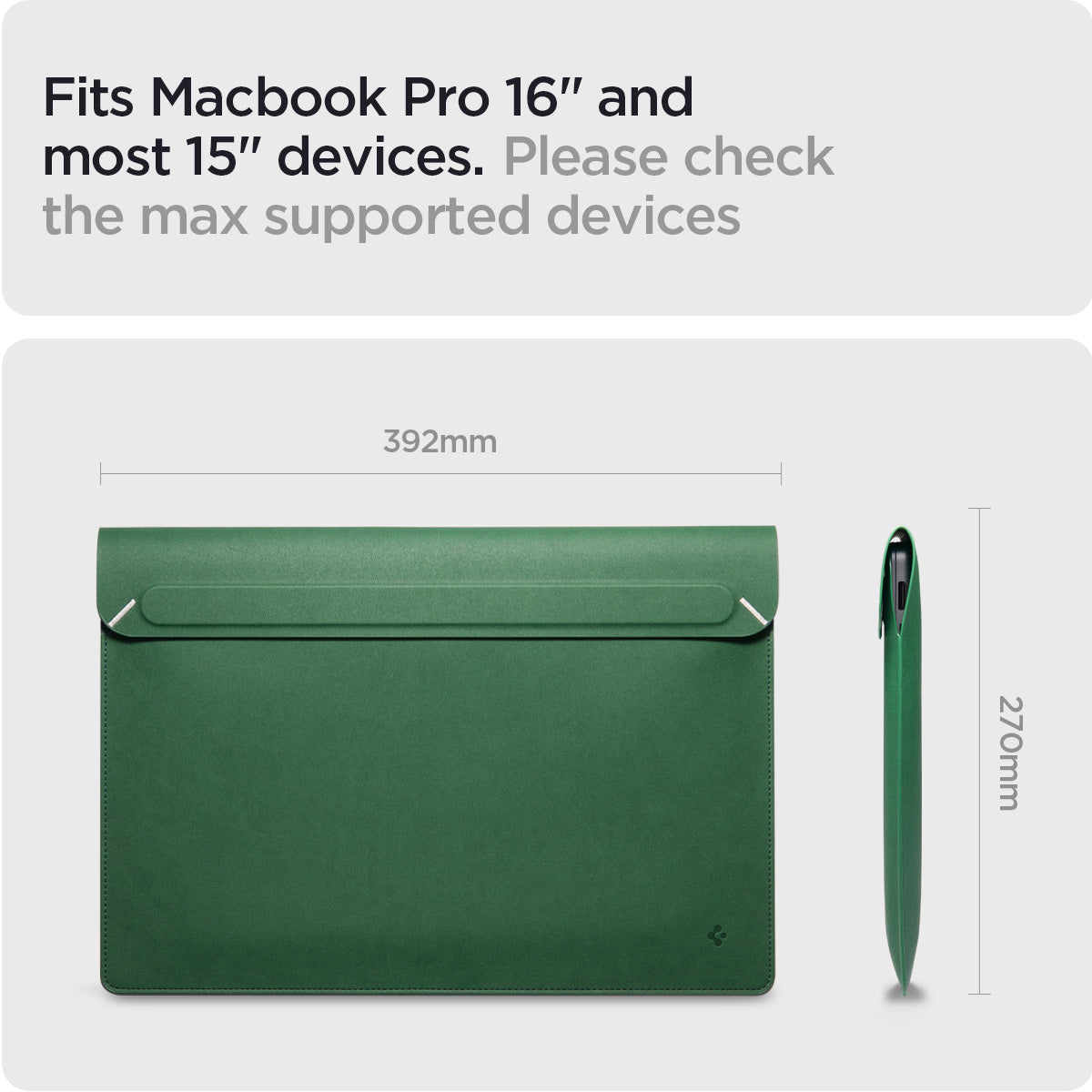 AFA06420 - MacBook Pro 16-inch Valentinus Laptop Pouch in JeJu Green displaying dimensions and compatibility with MacBook Pro 16 inch and most 15 inch laptops