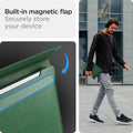 AFA06420 - MacBook Pro 16-inch Valentinus Laptop Pouch in JeJu Green featuring built in magnetic flap closure and lifestyle carry in urban setting