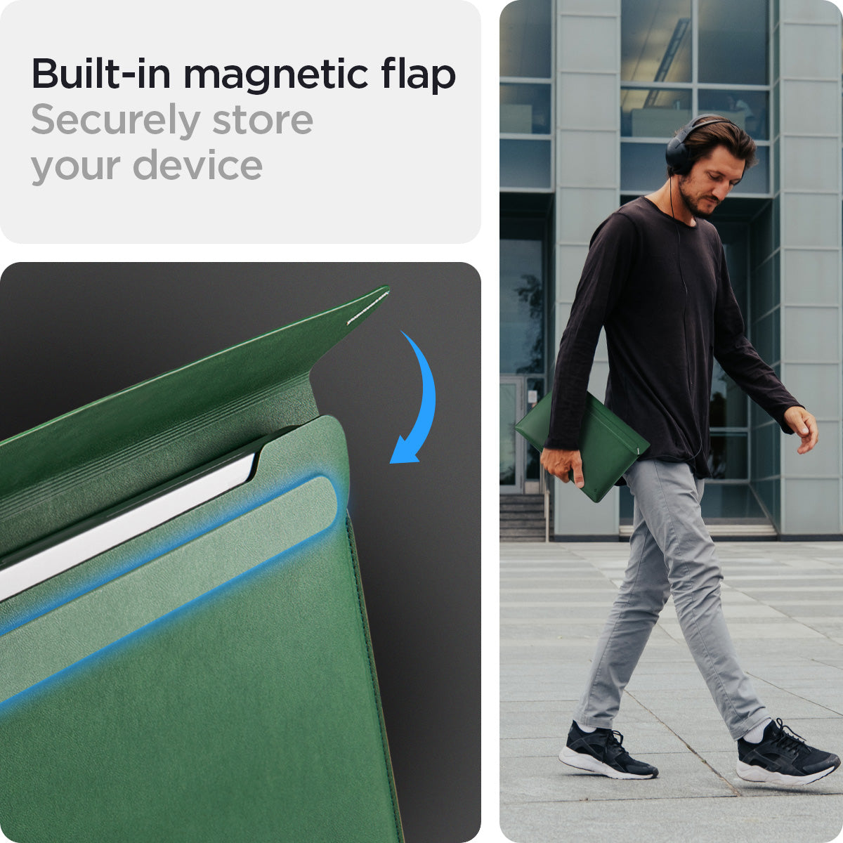 AFA06420 - MacBook Pro 16-inch Valentinus Laptop Pouch in JeJu Green featuring built in magnetic flap closure and lifestyle carry in urban setting