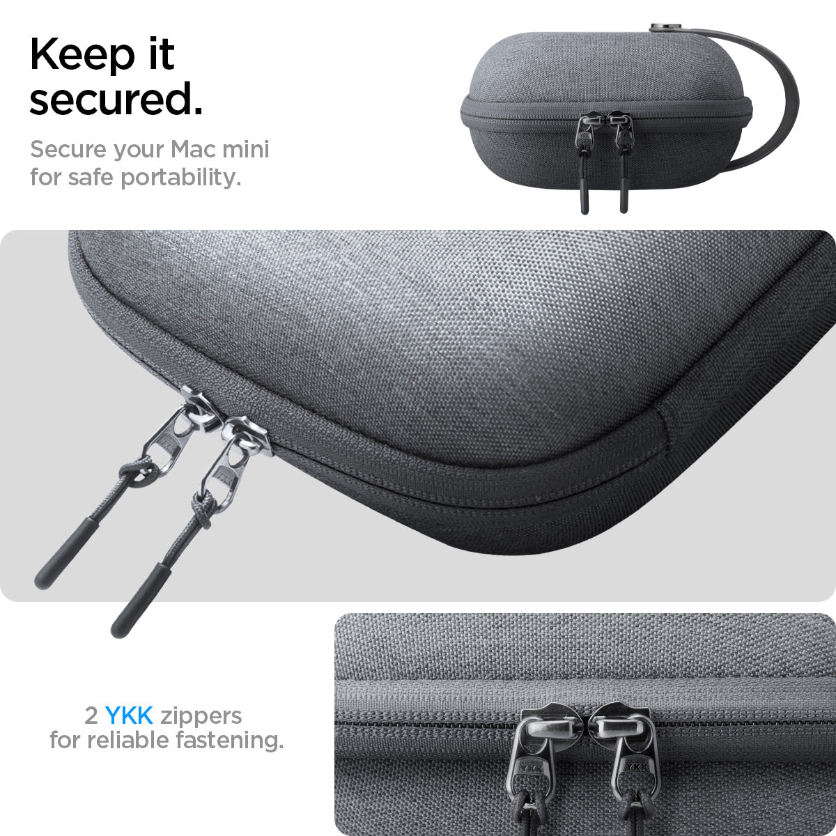 AFA09214 - Mac Mini M4 Klasden Pouch in Charcoal Gray showing the secure your Mac mini M4 for safe portability, 2 YKK zippers for reliable fastening
