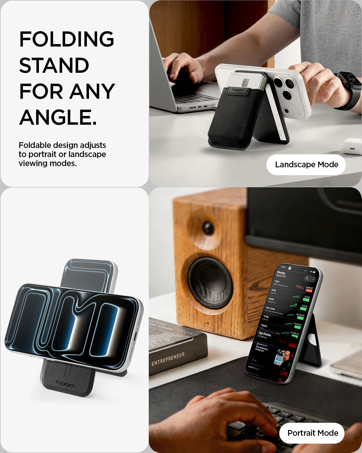 AFA11591 - Slim Fold Card Holder Stand (Mag Fit) | S314-4 in Black showing folding stand for any angle