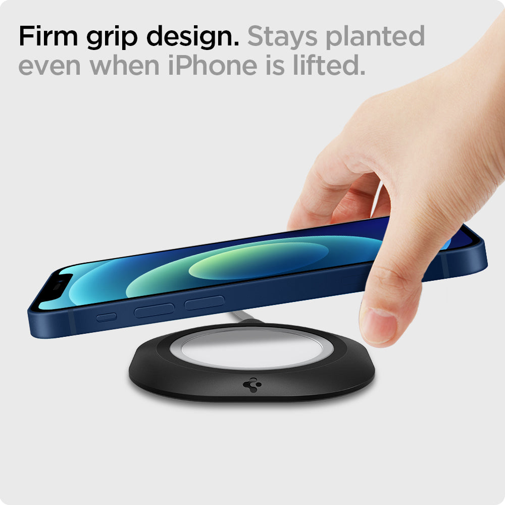 AMP03708 - MagFit in black showing the firm grip design, stays planted even when iPhone is lifted