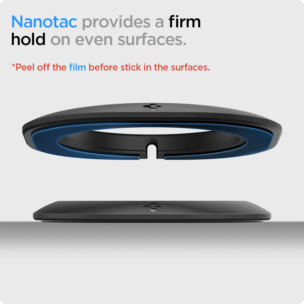 AMP03708 - MagFit in black showing the nanotac provides a firm hold on even surfaces, peel off the film before stick in the surface