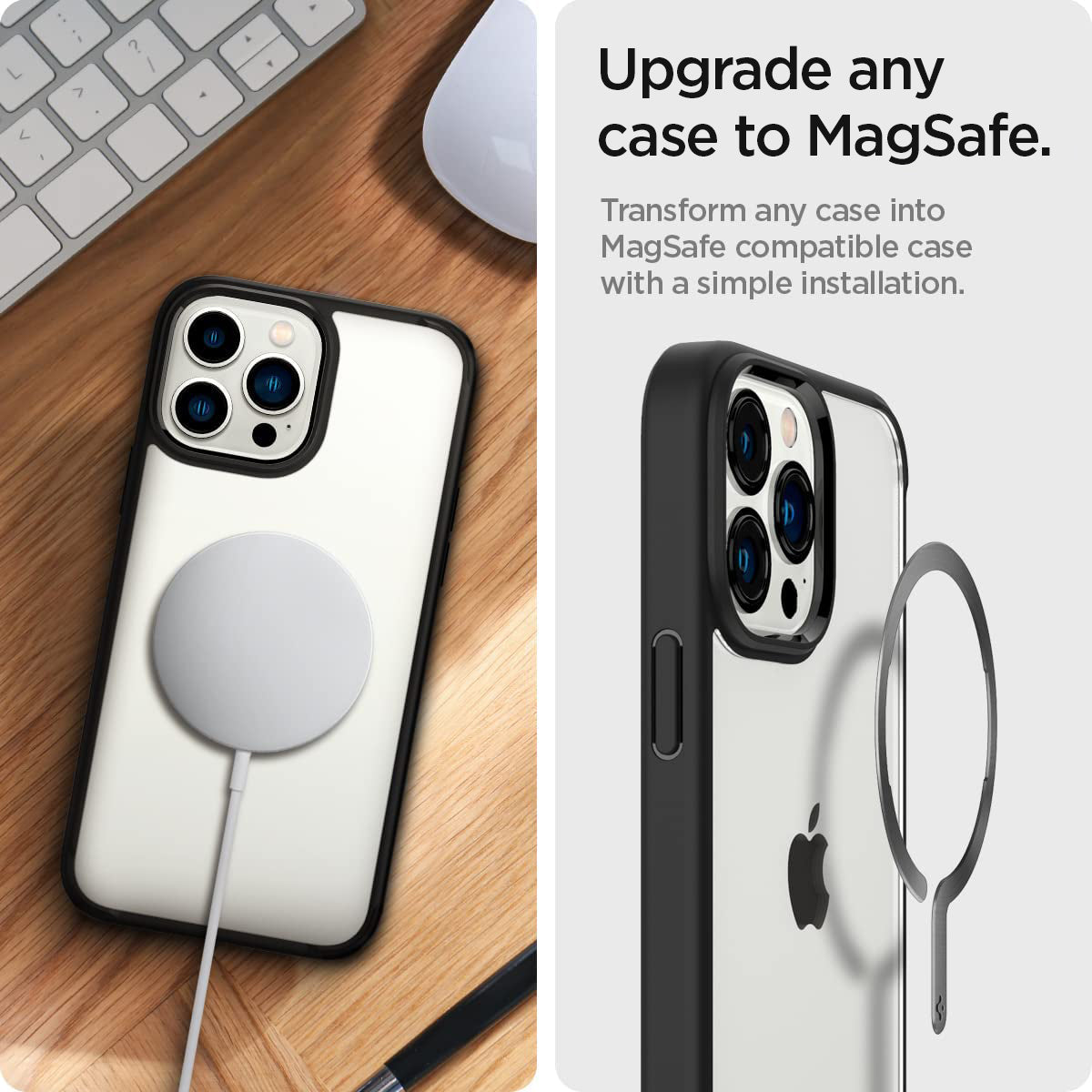 ACP03803 - OneTap MagSafe Metal Plate (MagFit) in matte black showing the upgrade any case to magsafe. transform any case into magsafe compatible case with a simple installation