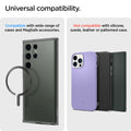ACP03803 - OneTap MagSafe Metal Plate (MagFit) in matte black showing the universal compatibility. Compatible with wide range of cases and MagSafe accessories and Not compatible with silicone, suede, leather or patterned case