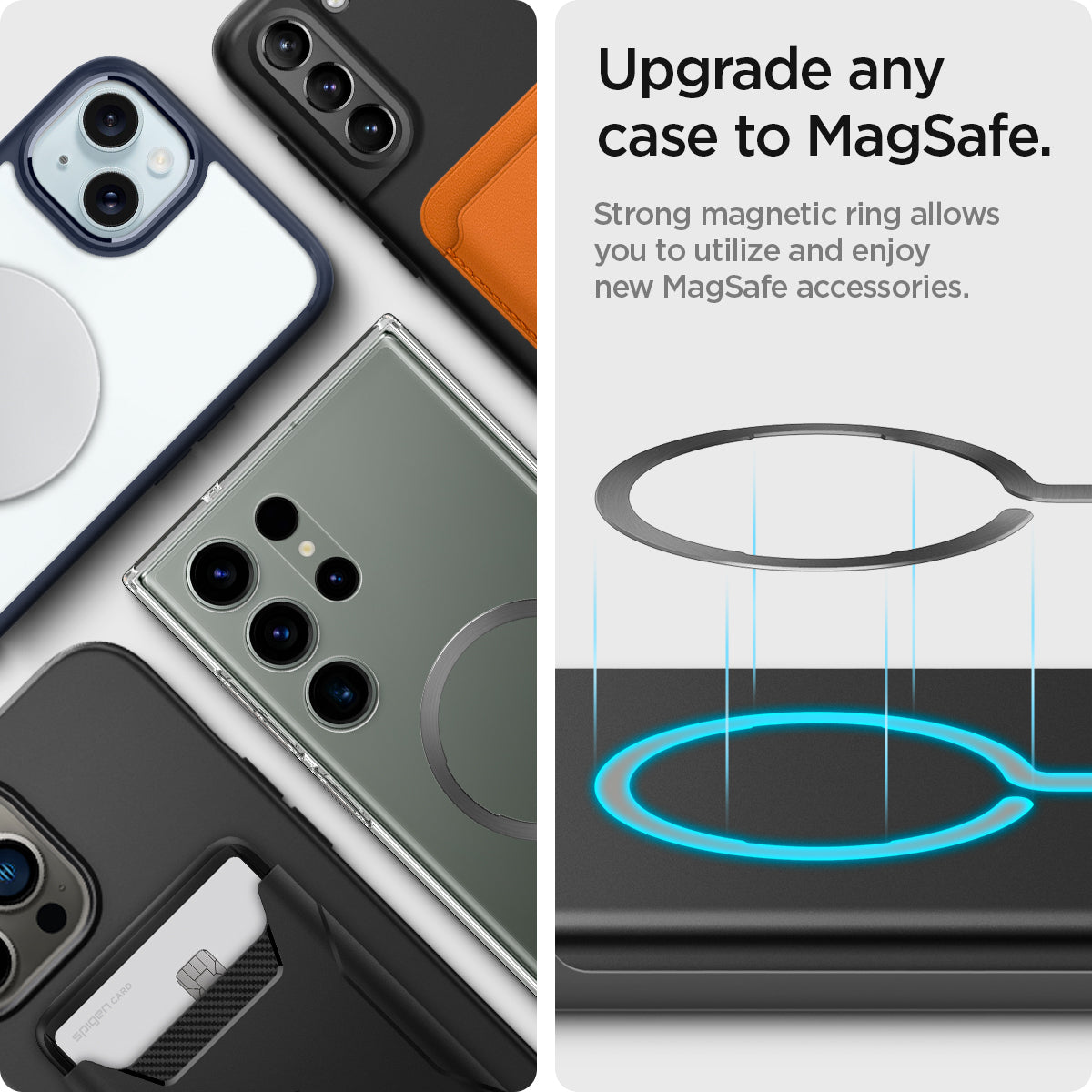 ACP03803 - OneTap MagSafe Metal Plate (MagFit) in matte black showing the upgrade any case to magsafe. Strong magnetic ring allows you to utilize and enjoy new MagSafe accessories