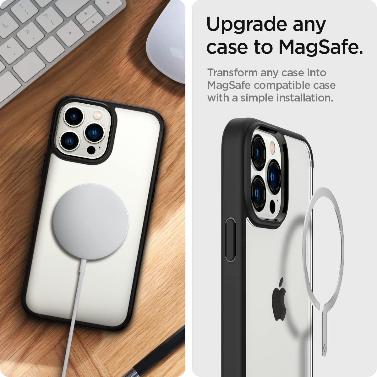 ACP03805 - OneTap MagSafe Metal Plate (MagFit) in silver showing the upgrade any case to magsafe. transform any case into magsafe compatible case with a simple installation