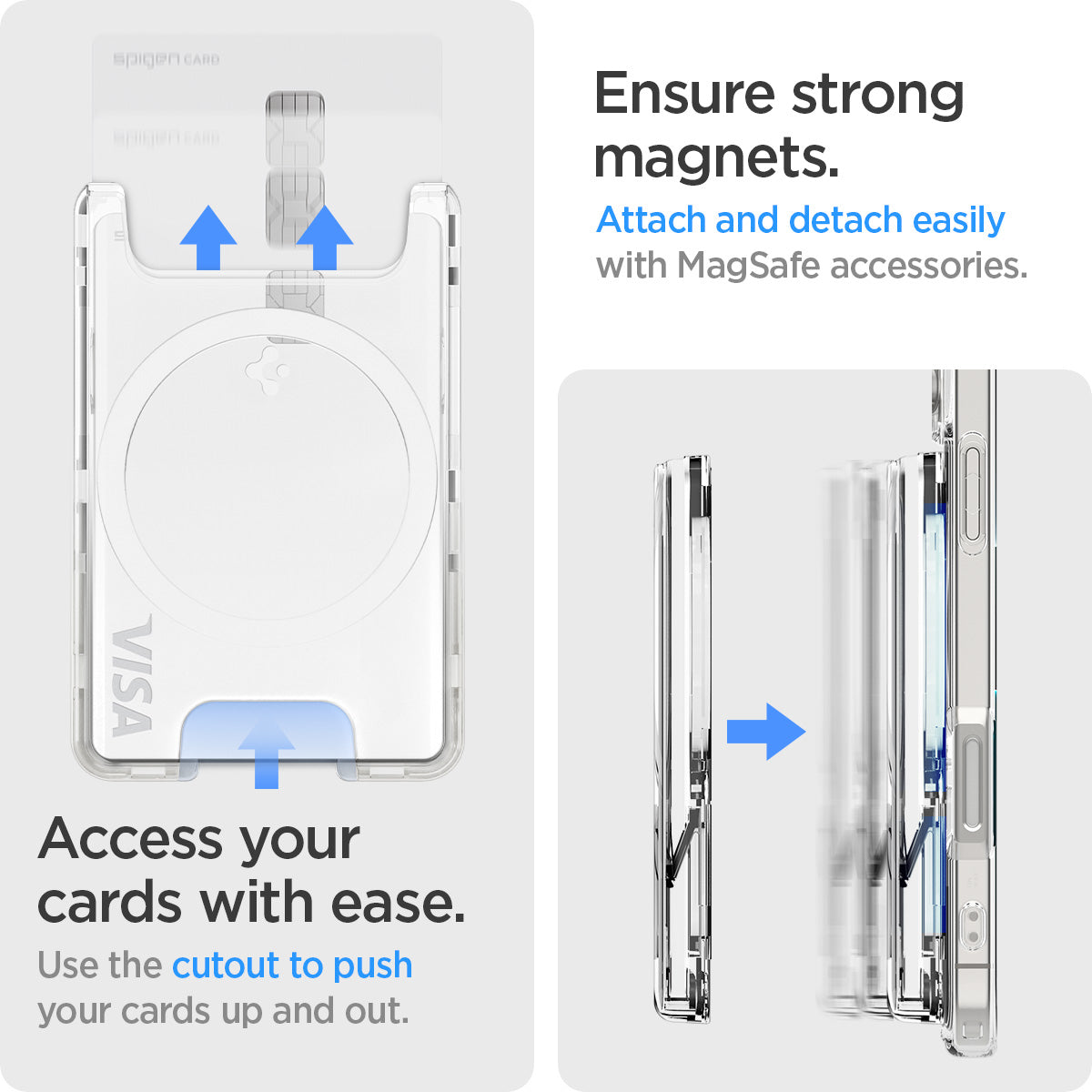 AFA08888 - Ultra Hybrid MagFit+ Wallet (MagFit) in Crystal Clear showing the ensuring strong magnets. Attach and detach easily with MagSafe accessories. Access your cards with ease. Use the cutouts to push your cards up and out