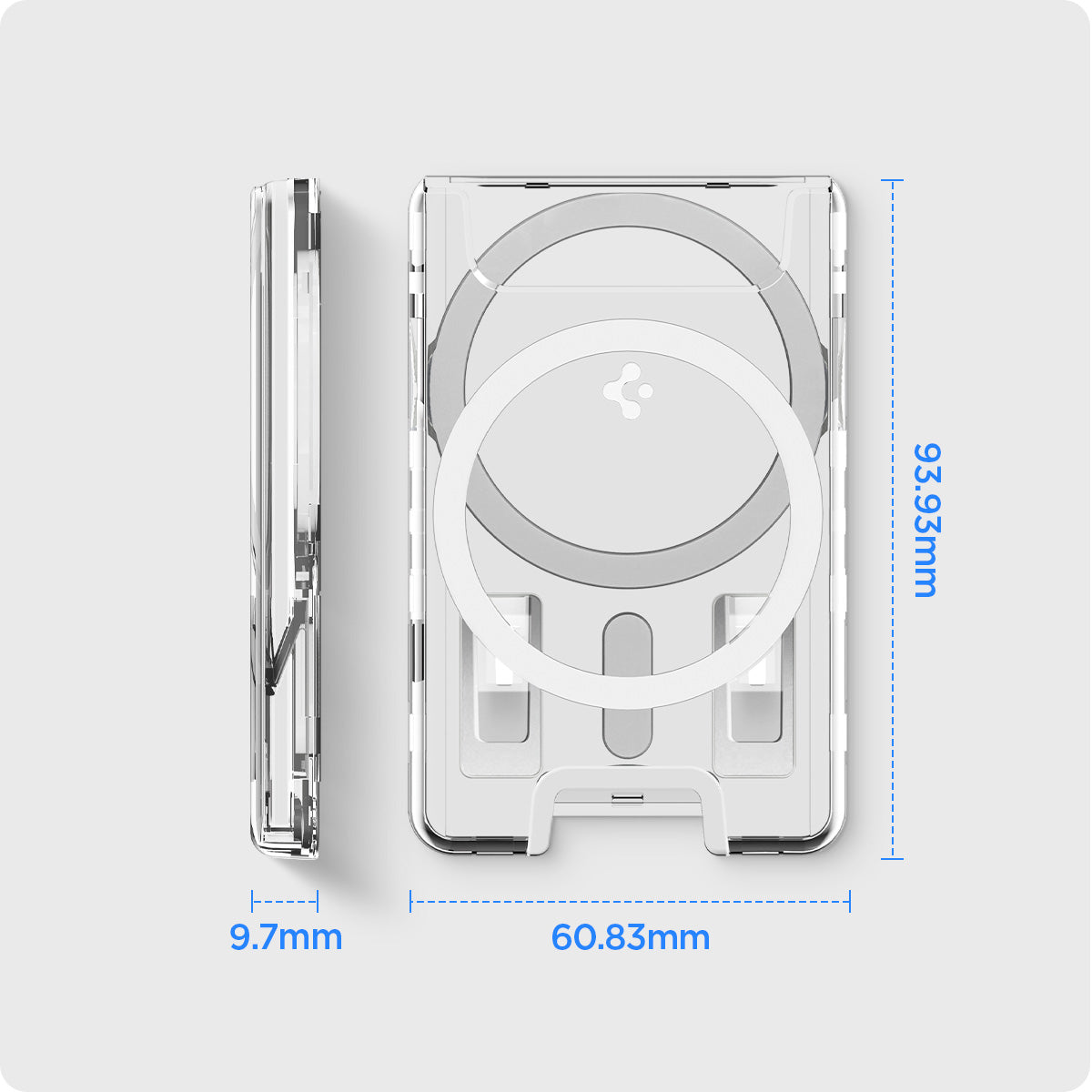 AFA08888 - Ultra Hybrid MagFit+ Wallet (MagFit) in Crystal Clear showing the size of the magsafe wallet 93.93mm x 60.83mm x 9.7mm