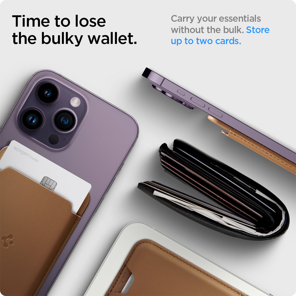 AFA03854 - MagSafe Card Holder Valentinus (MagFit) in brown showing the time to loose the bulky wallet, carry your essentials without the bulk, store up to two cards